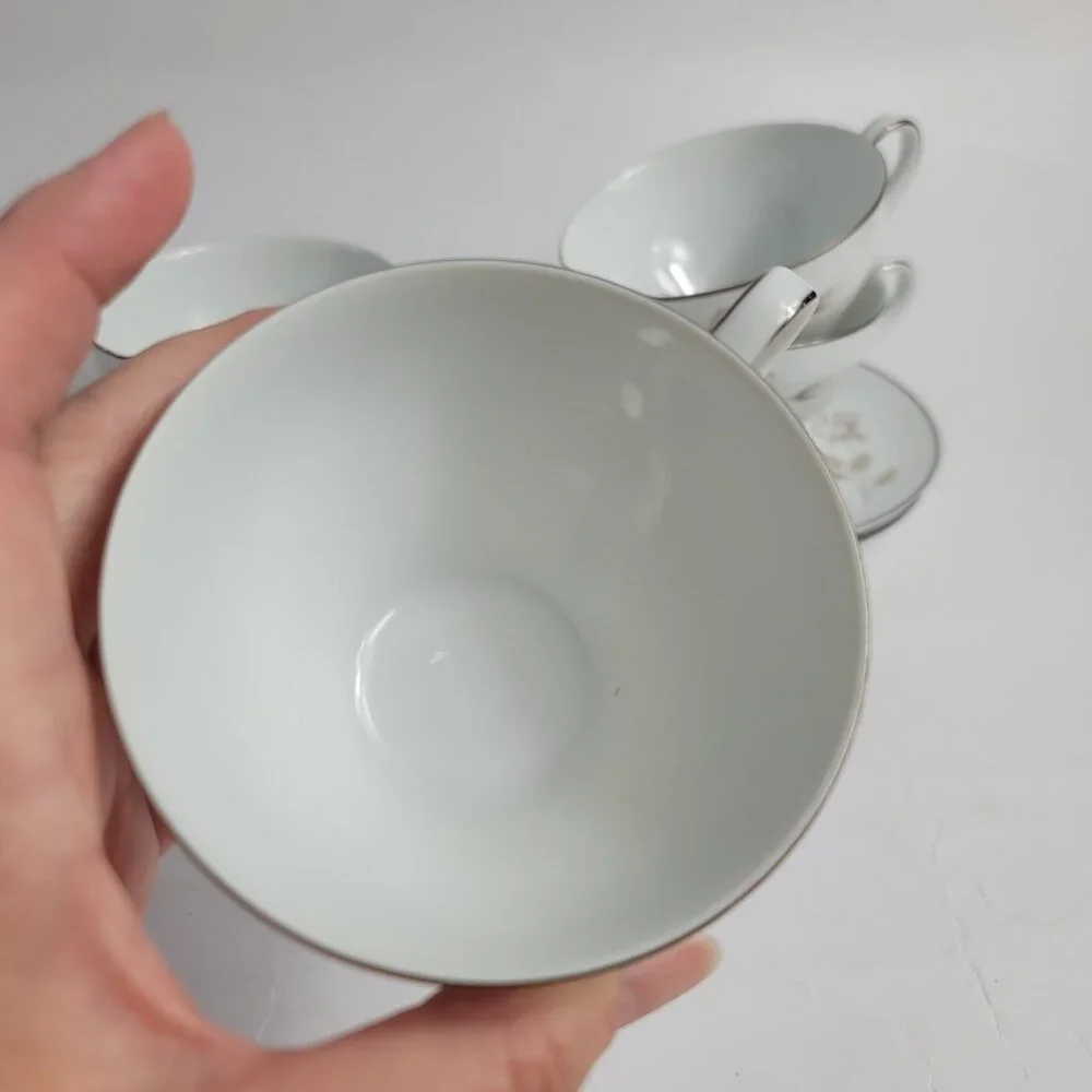 FOUR Noritake Sweet Talk Cup & Saucers Sets White with Pink & White Roses
